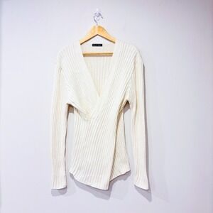 SHEIN Cream Ribbed Knit Deep V-Neck Wrap Long Sleeve Sweater Top Size 12